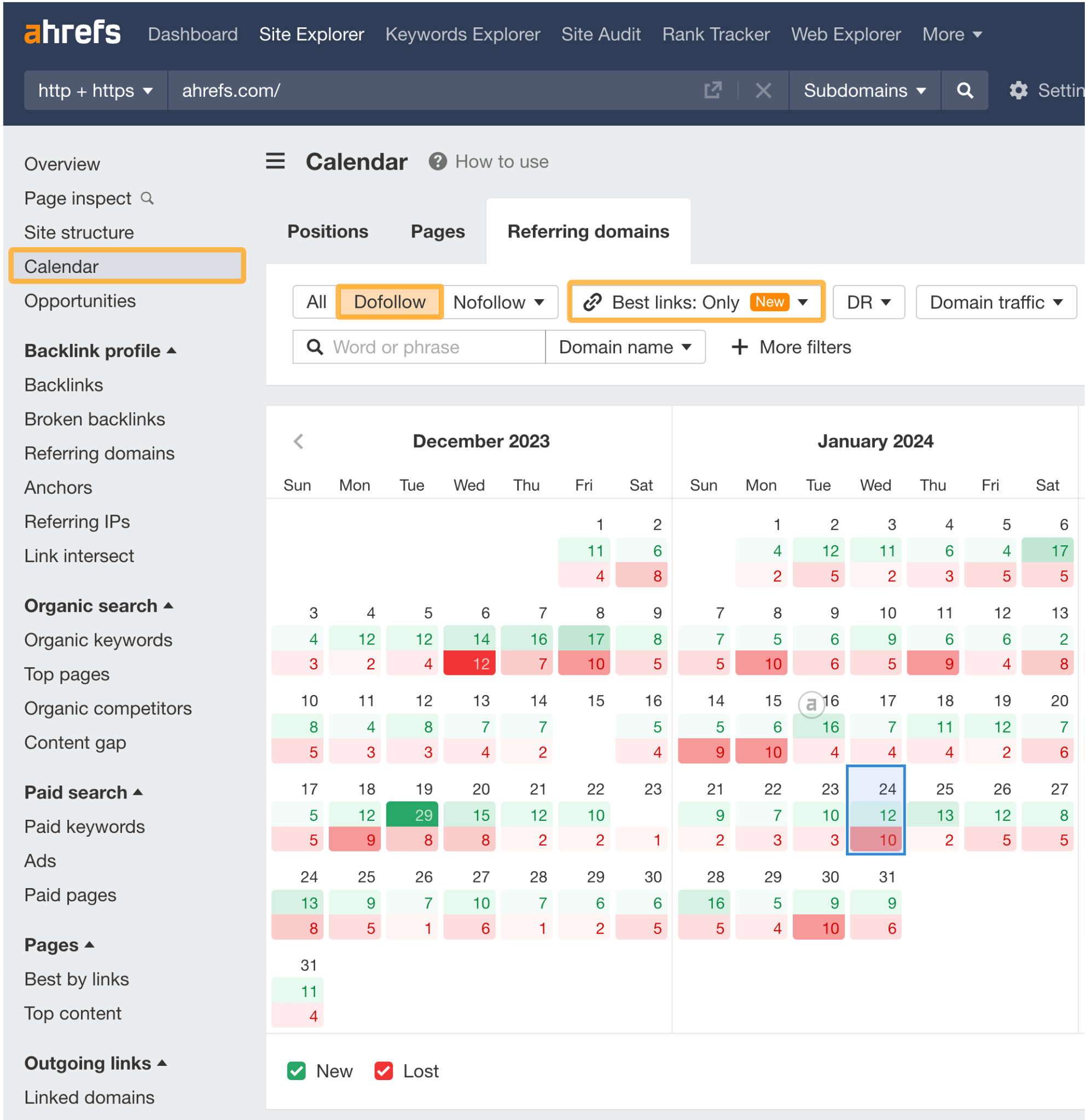 A Beginner's Guide to SEO Reporting | Overview-of-referring-domains-via-ahrefs-calendar