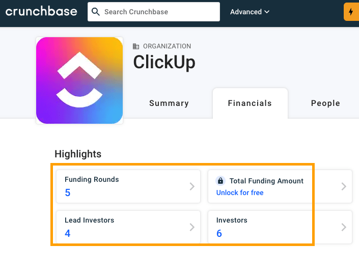 The No-Nonsense Guide to Competitive Intelligence | Screenshot of Clickup's funding history on Crunchbase.