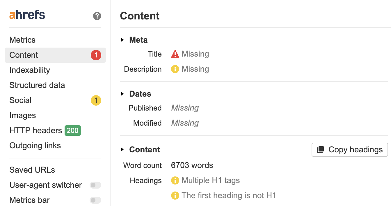 Product Page SEO: The Anatomy of a Well-Optimized Page | Spot checking a product page using Ahrefs' Tool Bar