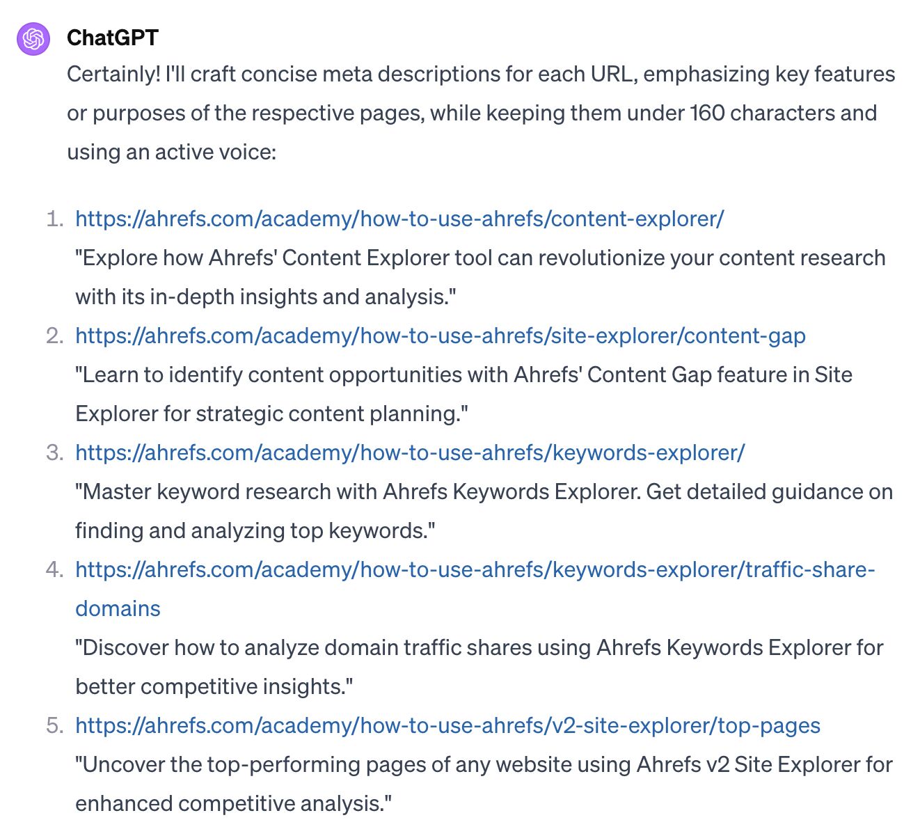 How to Use Ahrefs and ChatGPT to Improve Your SEO | Suggested meta descriptions by ChatGPT
