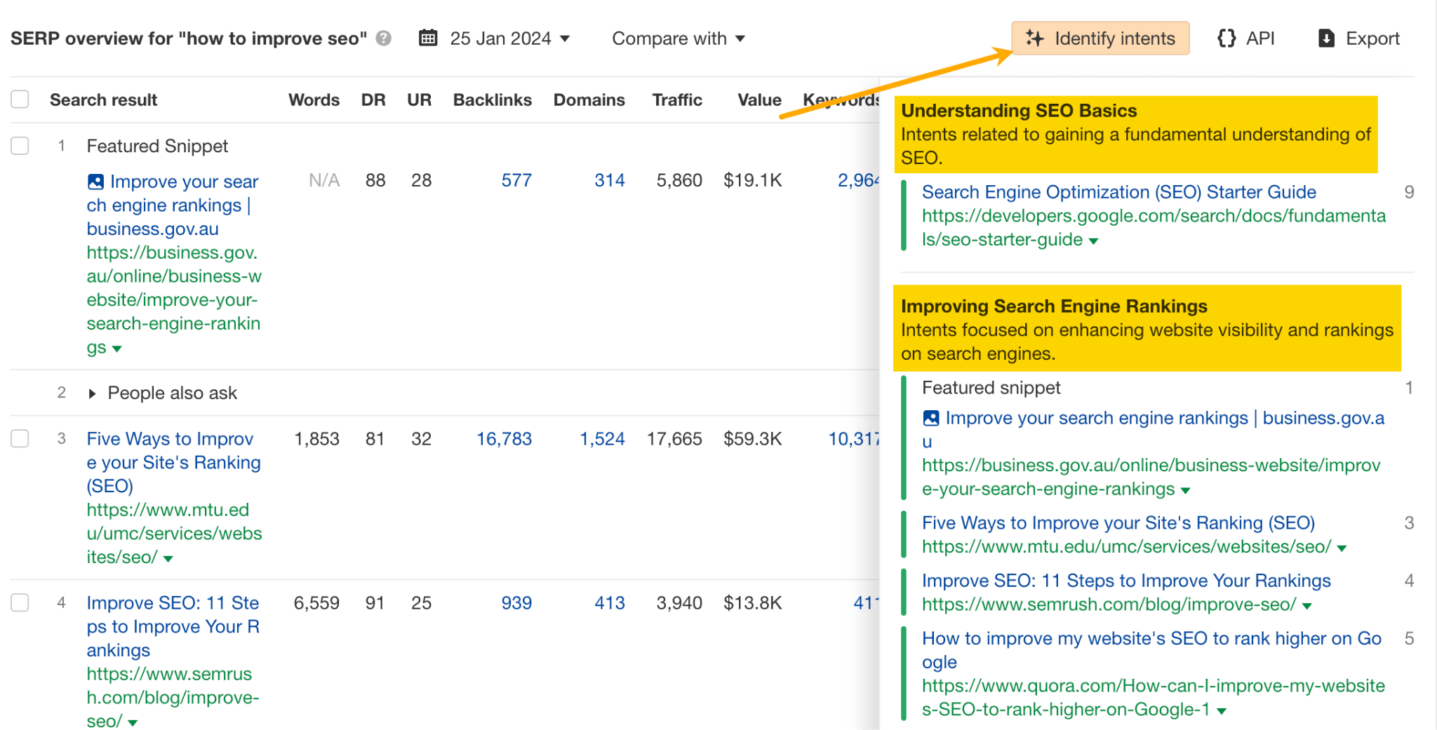 How to Use Ahrefs and ChatGPT to Improve Your SEO | The "Identify intents" feature in SERP Overview, in Keywords Explorer