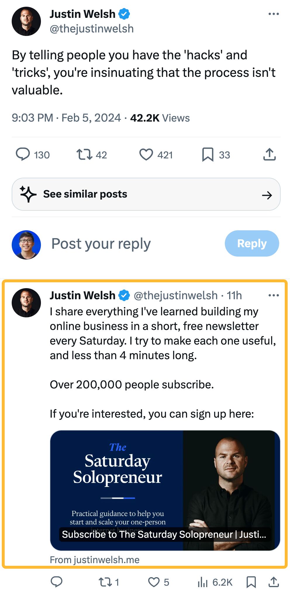 tweet-from-justin-welsh-asking-people-to-subscribe