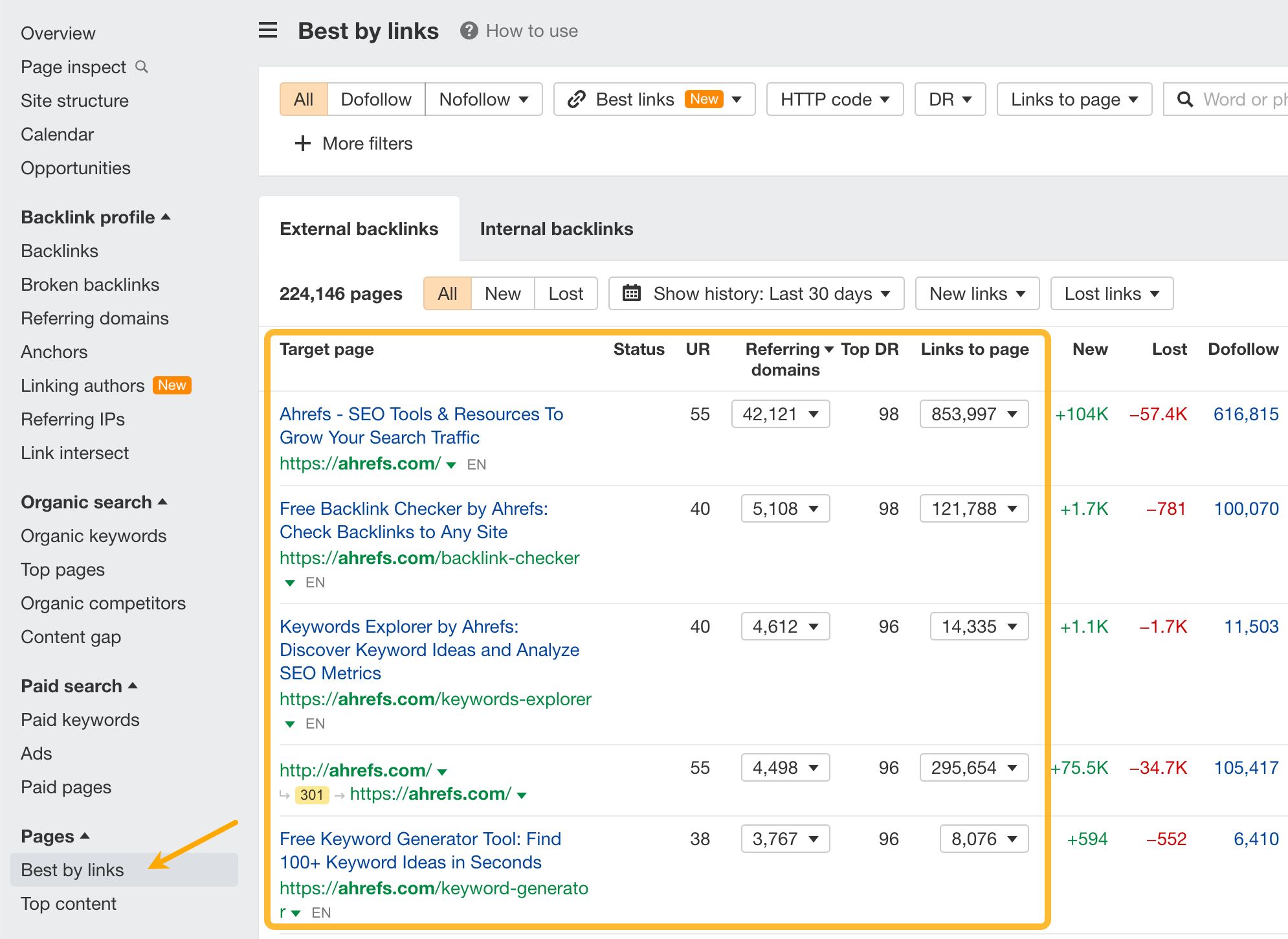How to Avoid Ruining SEO During a Website Redesign | Best by links report in Ahrefs' Site Explorer.