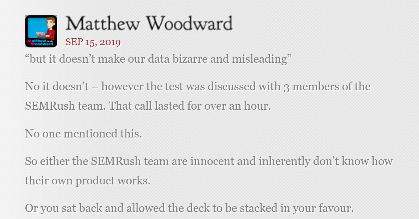 You Can't Compare Backlink Counts in SEO Tools: Here's Why | Comment from Matthew Woodward in response to Semrush about the test.