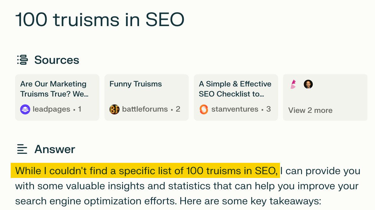 I Replaced Google with AI For a Week. Here's What I Learned | Perplexity's answer for "100 truisms in SEO"