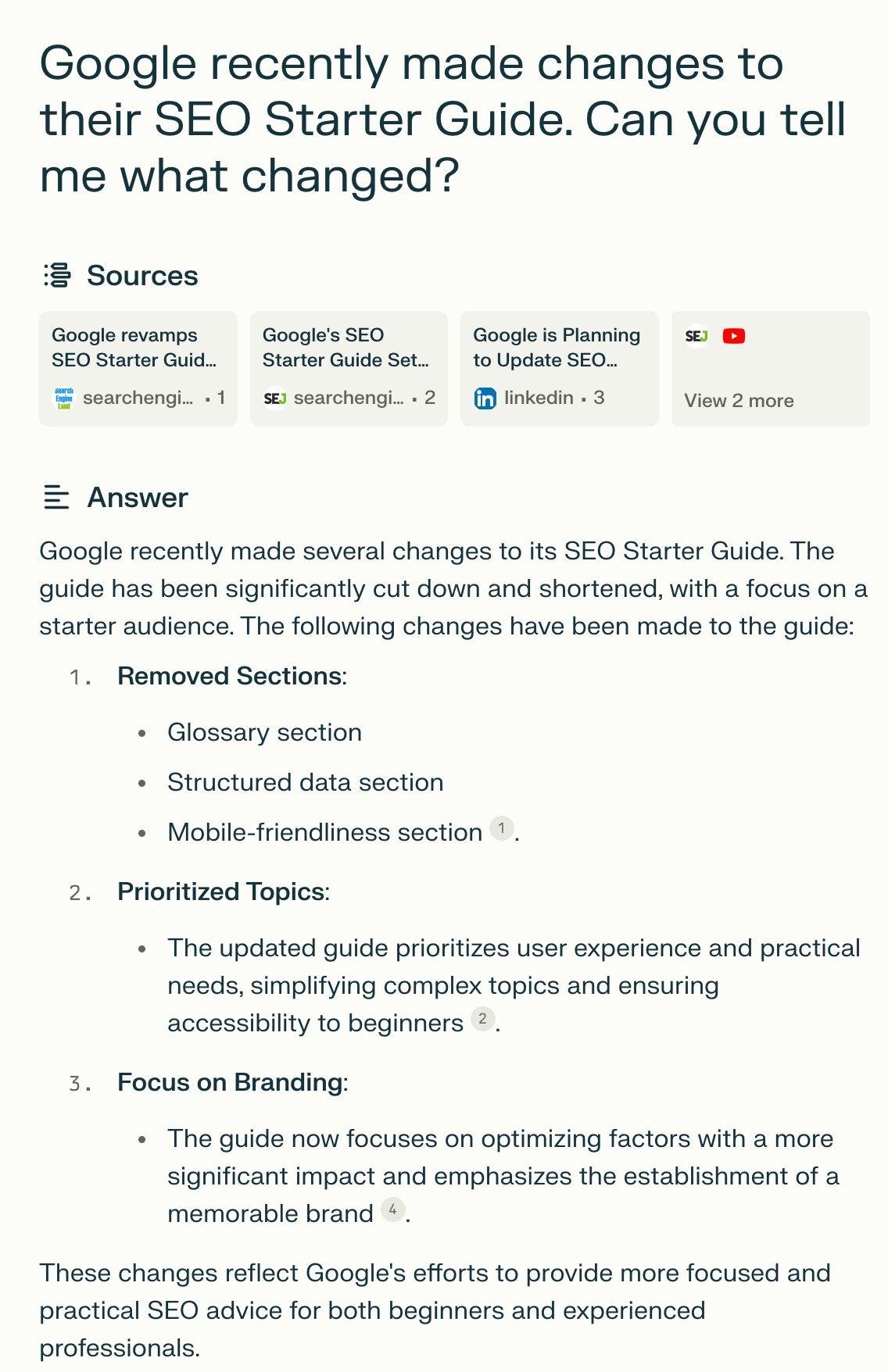 I Replaced Google with AI For a Week. Here's What I Learned | Perplexity's answer for "What changes did Google make to their SEO Starter Guide"