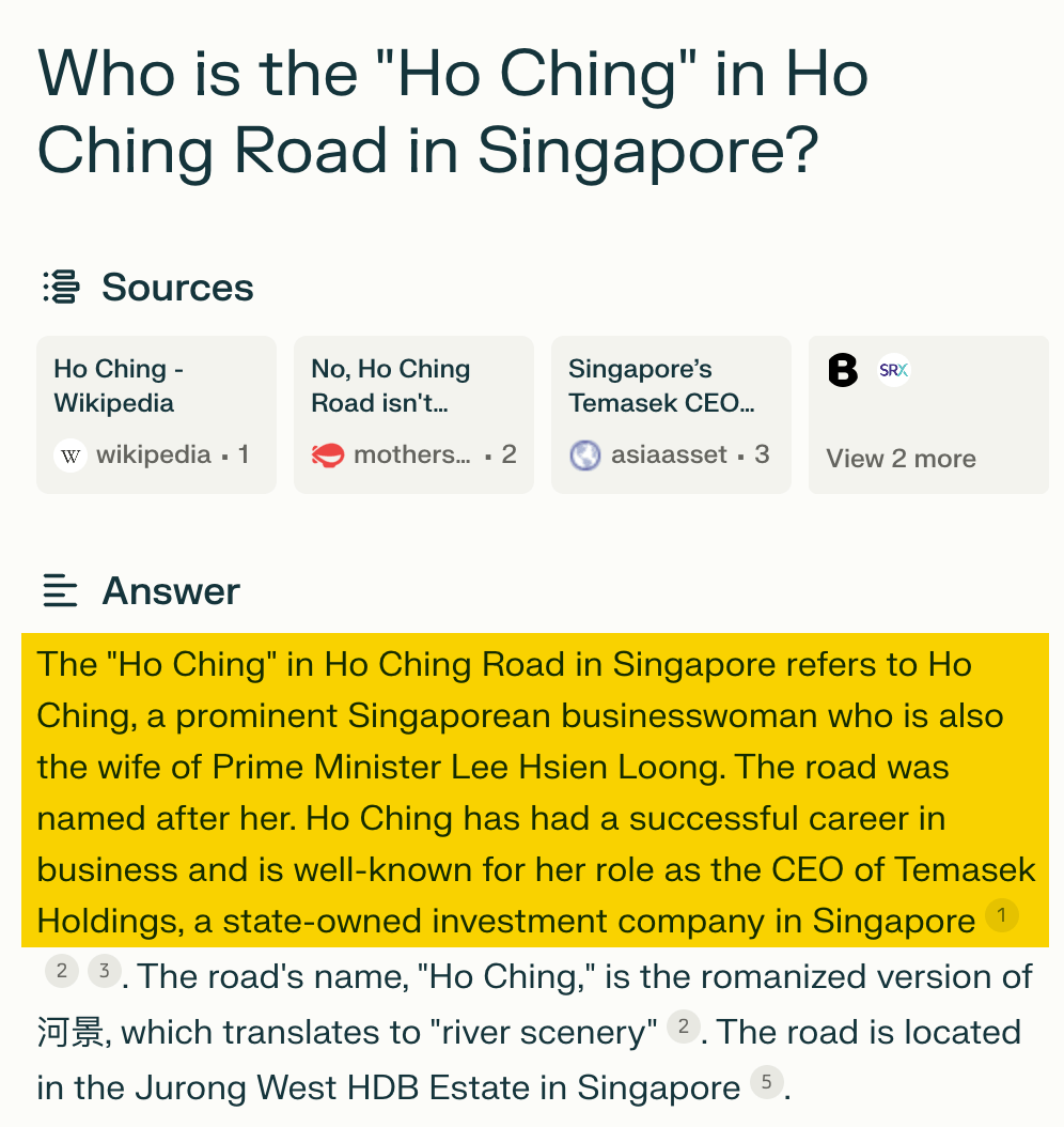 I Replaced Google with AI For a Week. Here's What I Learned | Perplexity's answer for "Who is the Ho Ching in Ho Ching Road"