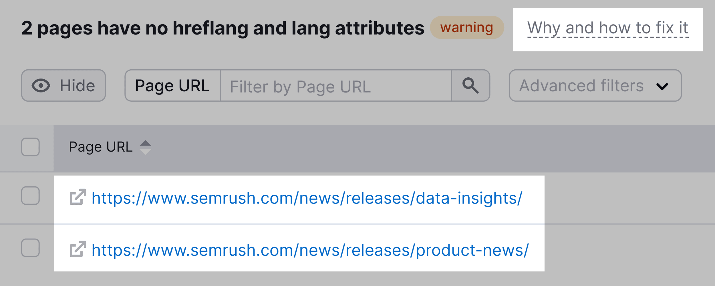 Semrush – No hreflang pages