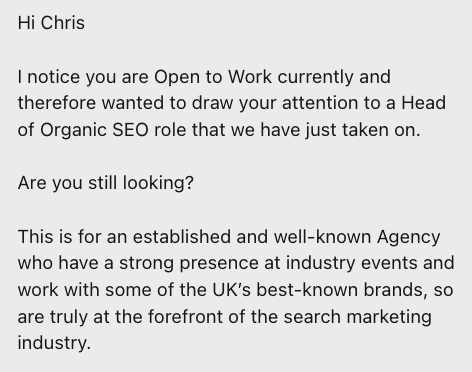 How to Become an SEO Lead (10 Tips That Advanced My Career) | Example of Linkedin recruiter message