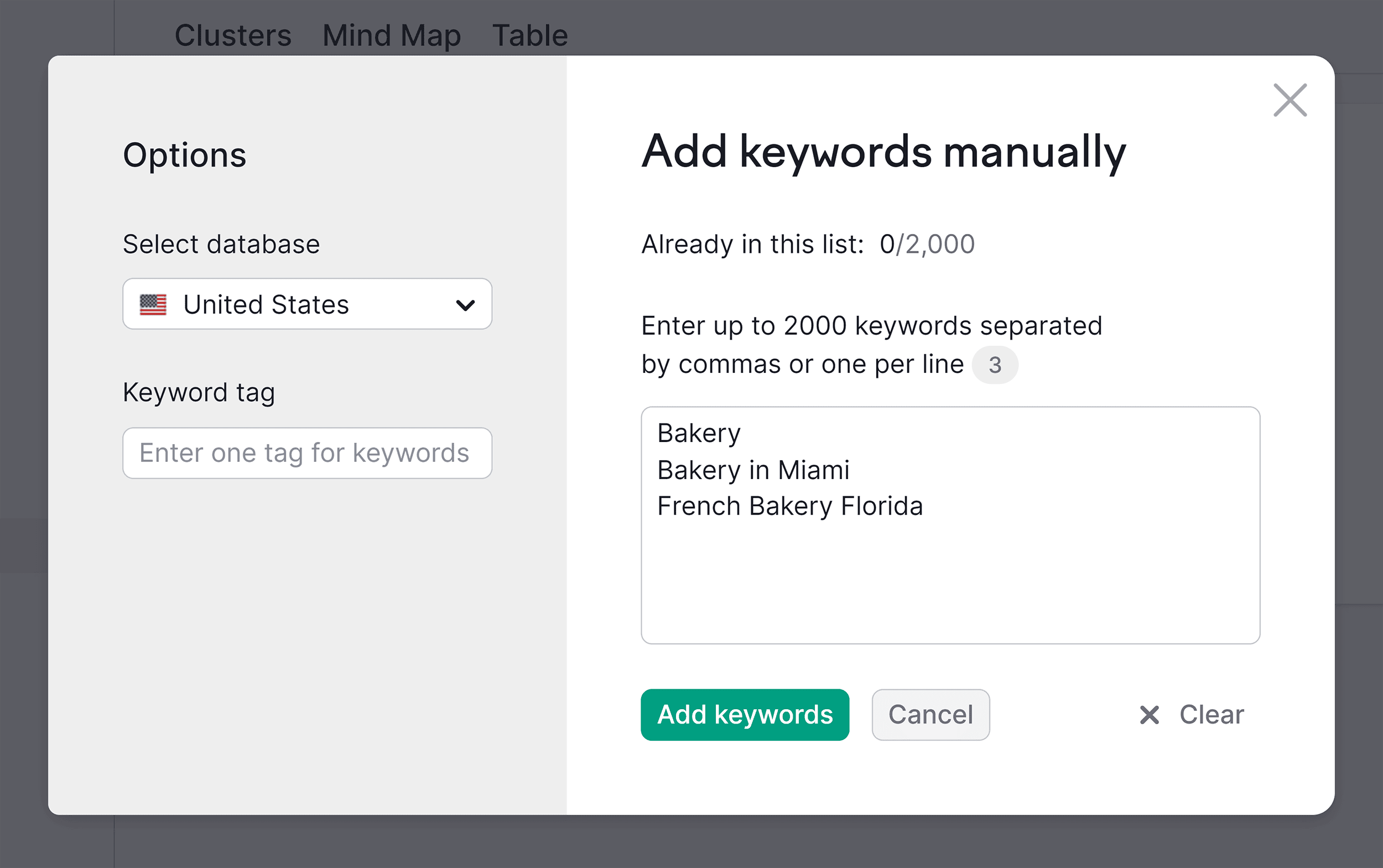 Keyword Manager – Input keywords Keyword Manager – Input keywords