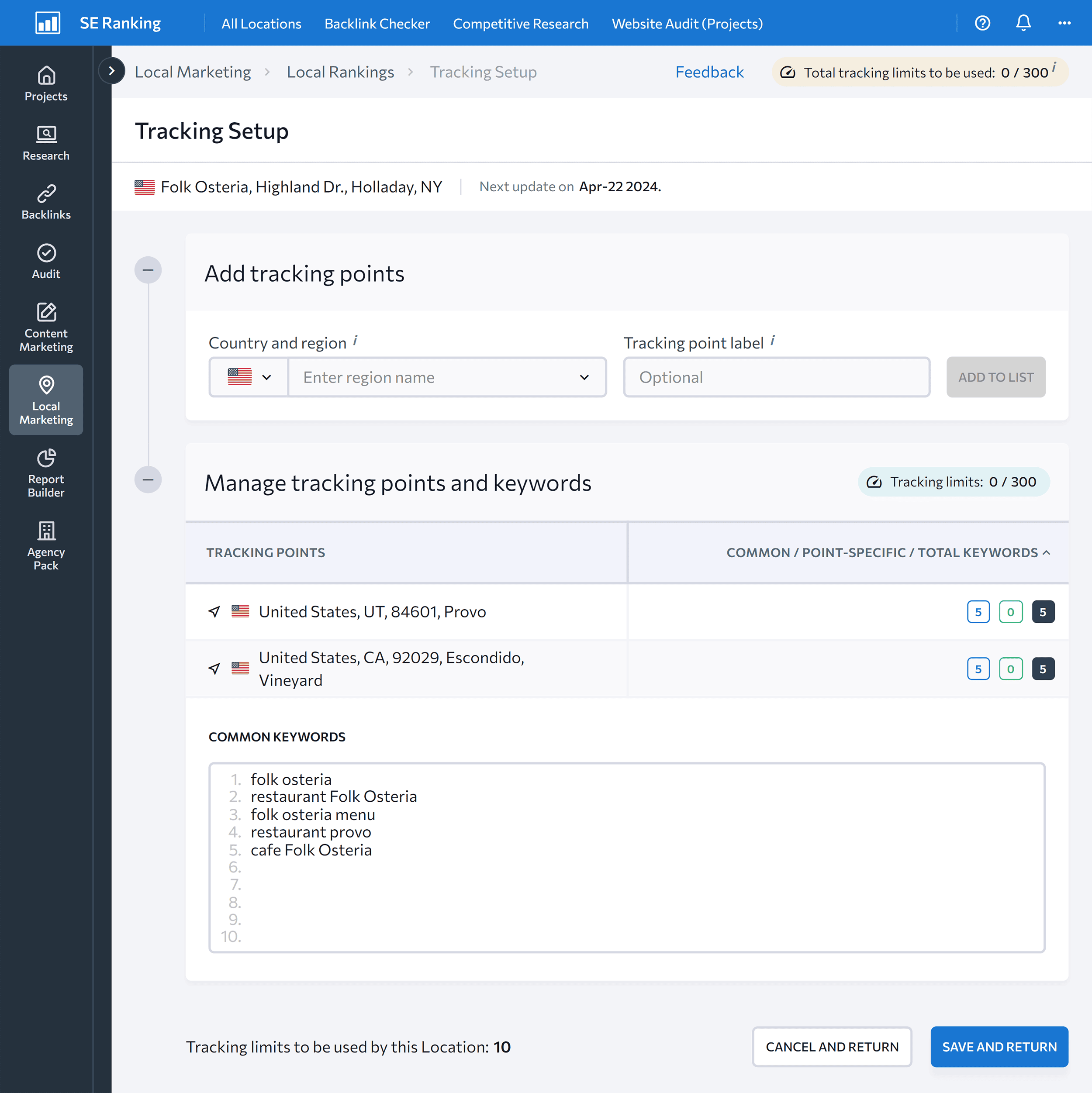 SE Ranking – Local rankings setup