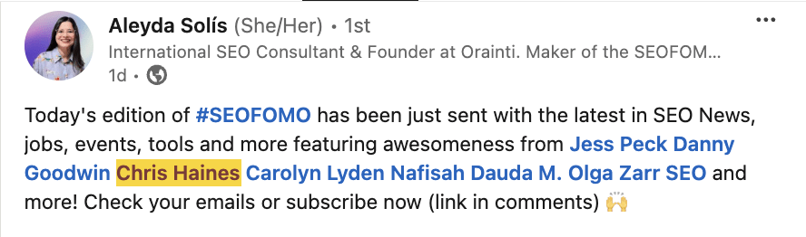 Online Reputation Management: A Beginner’s Guide | Aleyda Solis mentions Chris Haines in her SEO newsletter, via post on LinkedIn