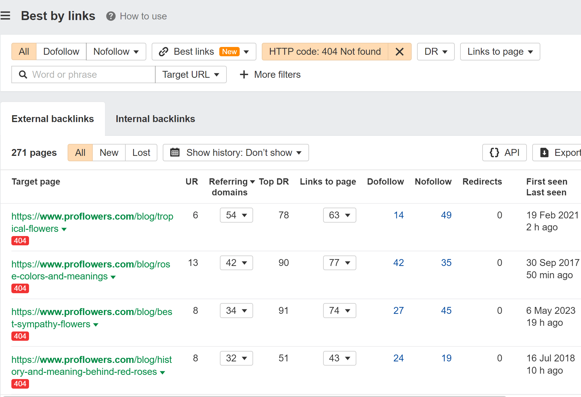 Enterprise Link Building & The Power Of Links | Best by Links report filtered for 404 pages