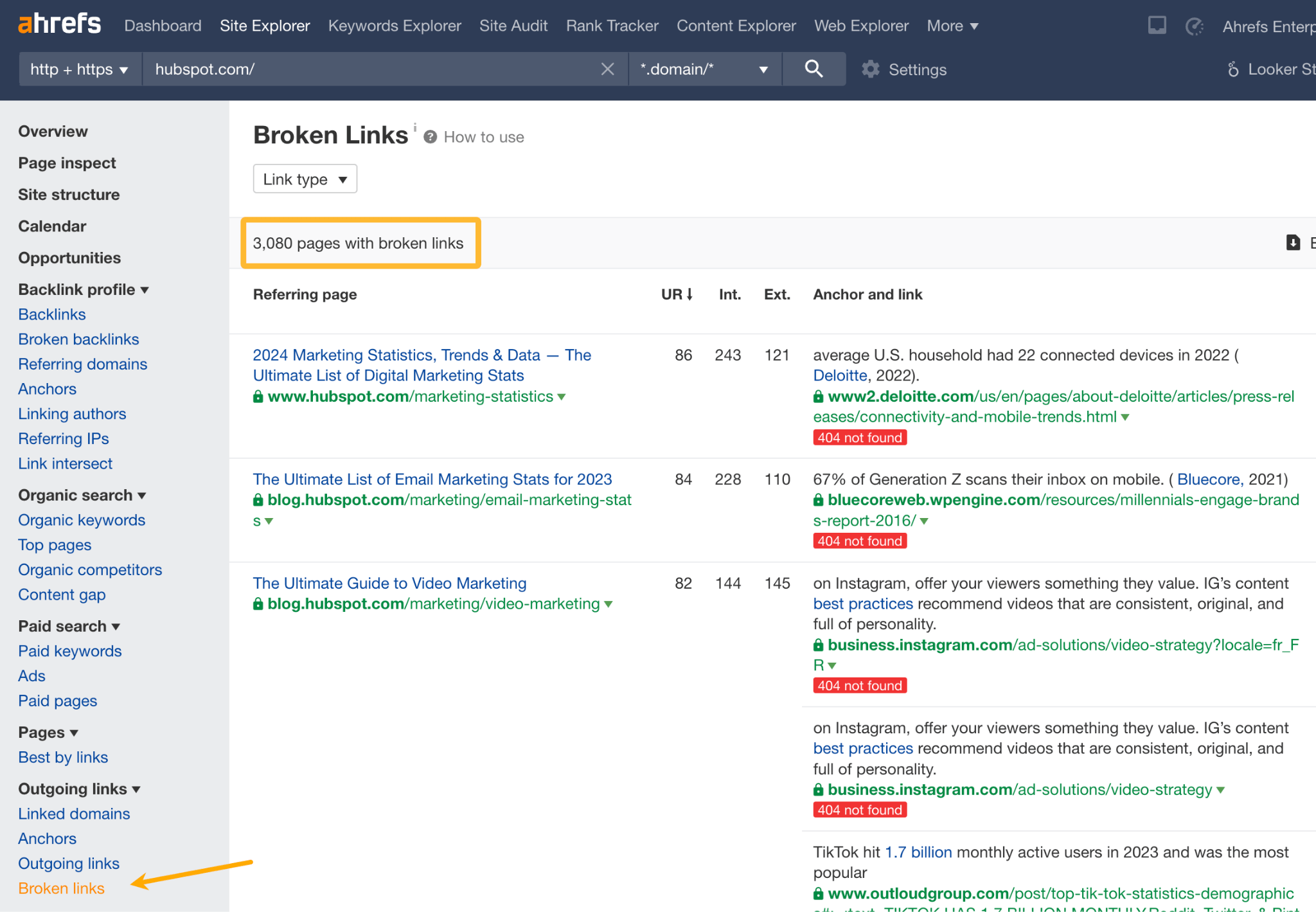 9 Surprising Takeaways From Analyzing HubSpot's SEO Strategy | Broken links report via Ahrefs.