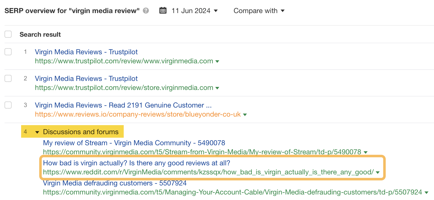 Online Reputation Management: A Beginner’s Guide | Discussions and forums snippet with bad review highlighted, via Ahrefs' Site Explorer