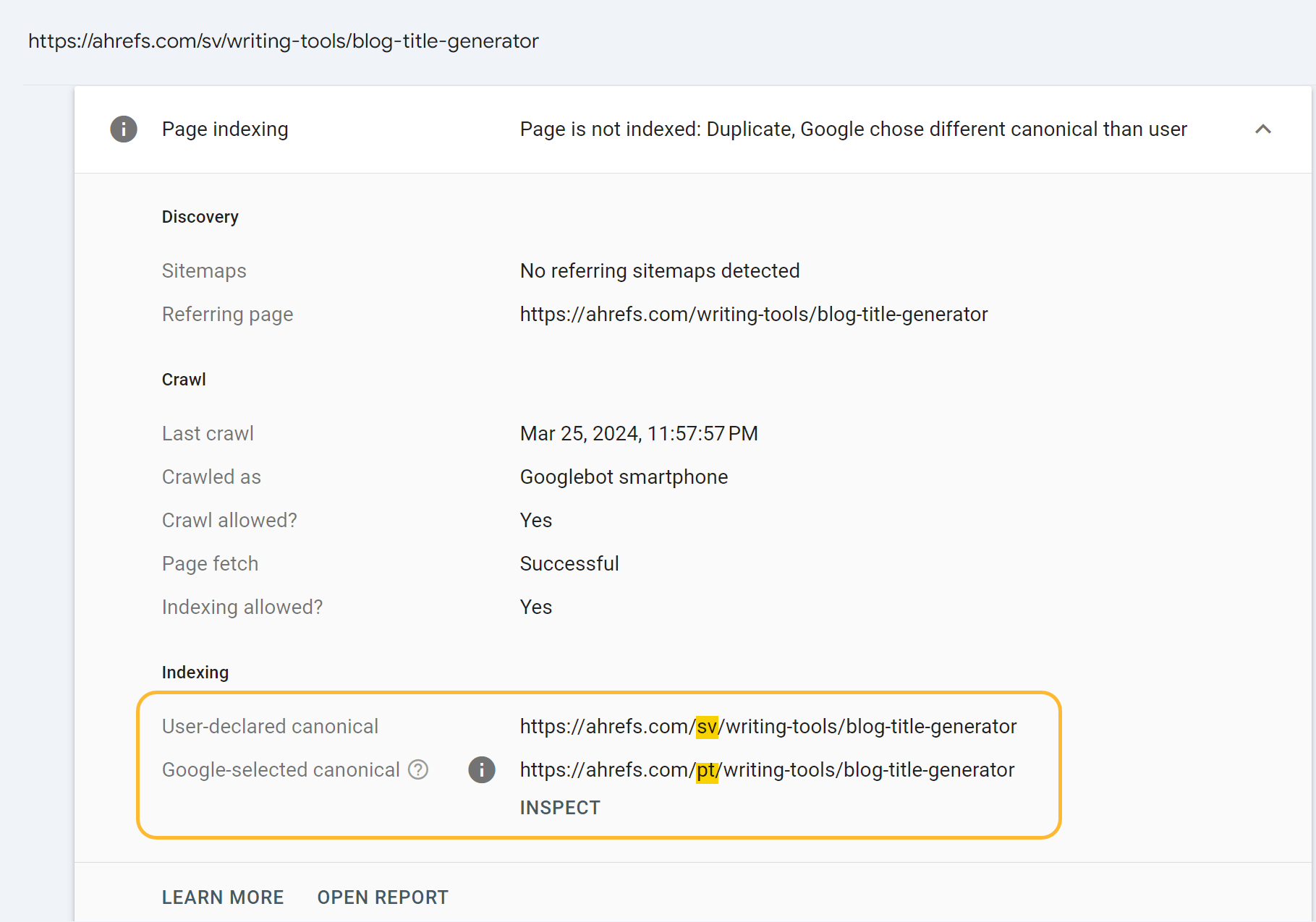 Duplicate, Google Chose Different Canonical Than User. What It Is, Causes, & How to Fix | Example of a page where google chose a different canonical