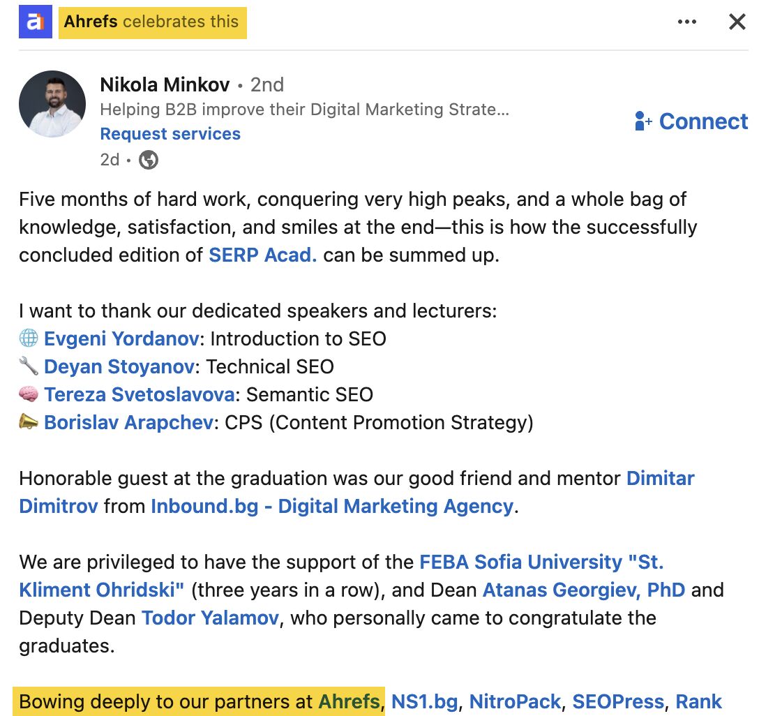 Online Reputation Management: A Beginner’s Guide | Example of Ahrefs on LinkedIn celebrating a post