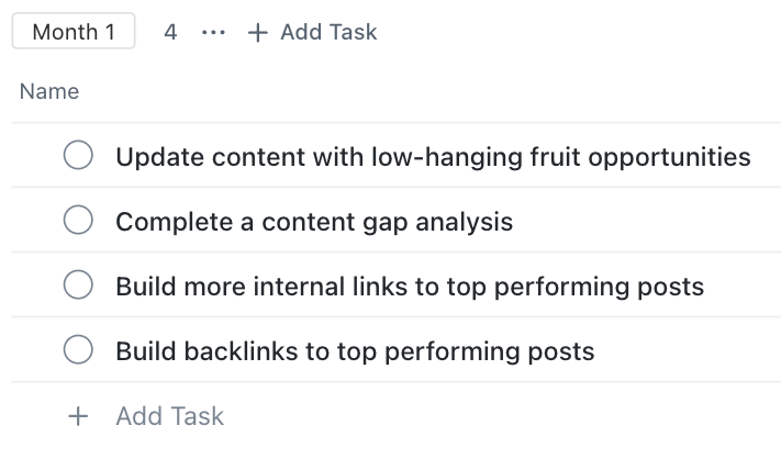 Results-Driven SEO Project Management: From Chaos to Cash | Example of Month 1 SEO tasks created in ClickUp.