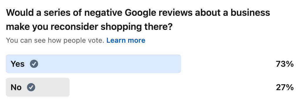 Online Reputation Management: A Beginner’s Guide | LinkedIn poll on whether a series of negative Google reviews about a business would make you reconsider shopping there