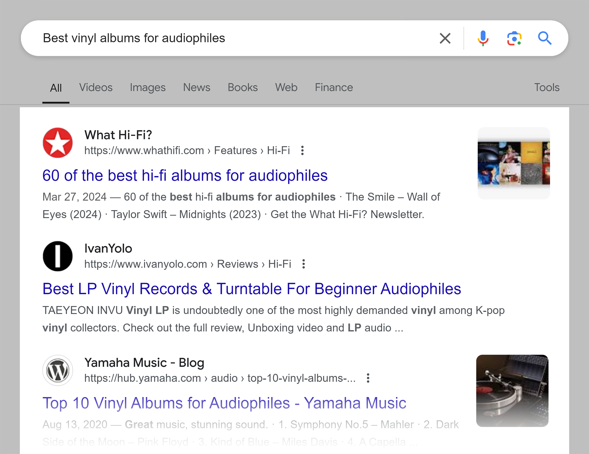 Google SERP – Best vinyl albums for audiophiles Google SERP – Best vinyl albums for audiophiles