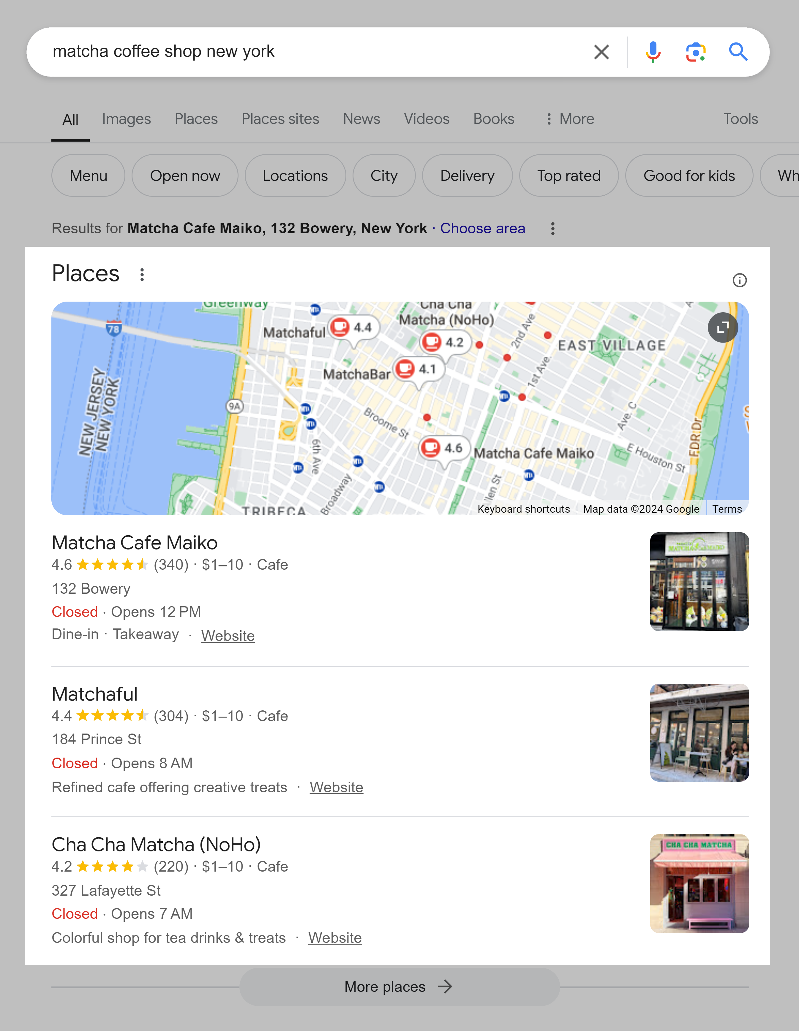 Google SERP – Matcha coffee shop New York – Places Google SERP – Matcha coffee shop New York – Places