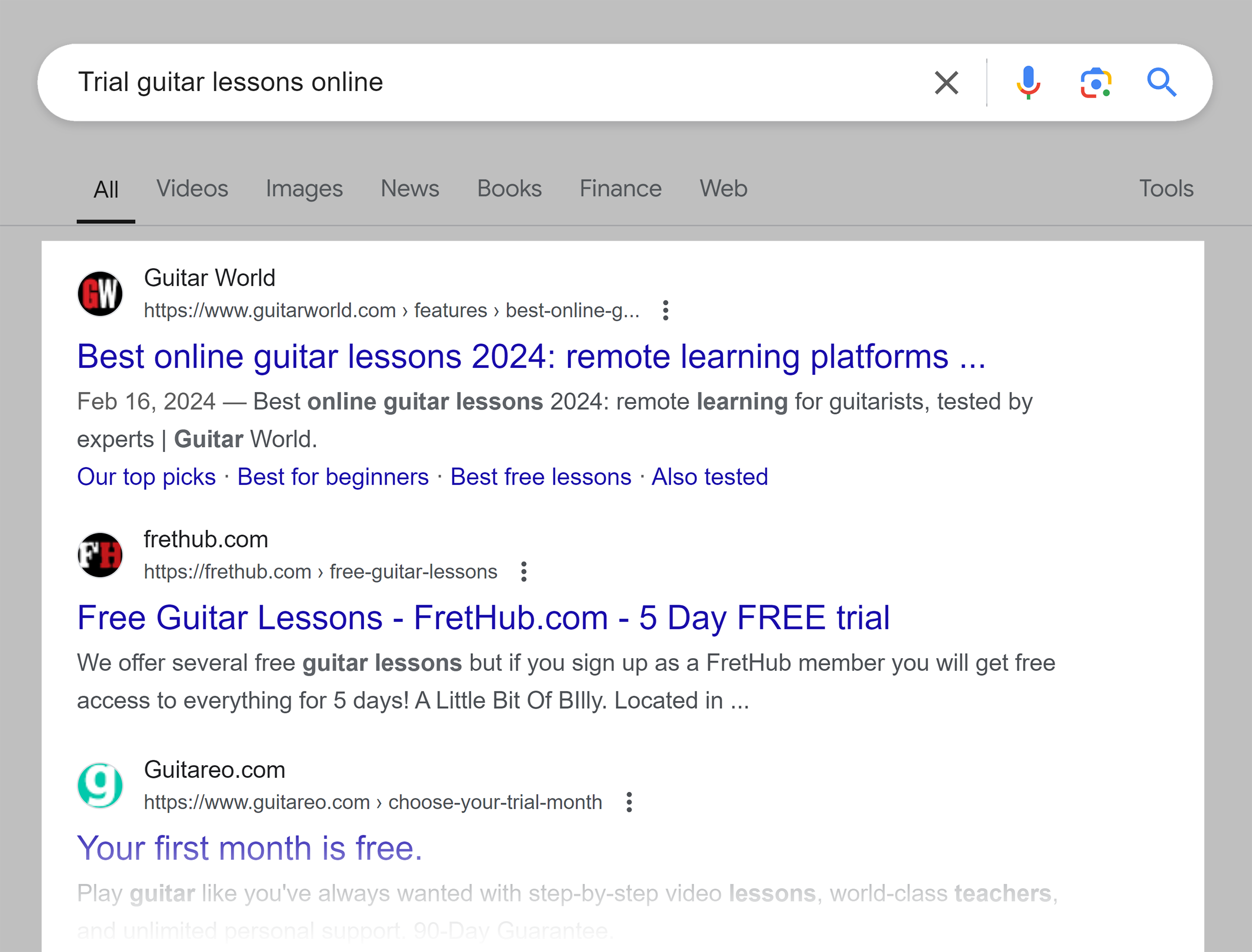 Google SERP – Trial guitar lessons online Google SERP – Trial guitar lessons online