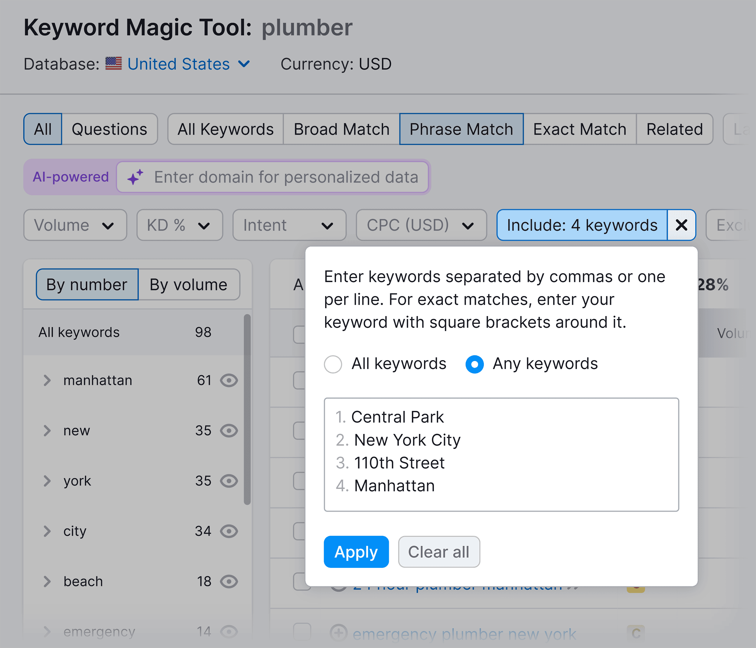 Keyword Magic Tool – Include keywords filter Keyword Magic Tool – Include keywords filter