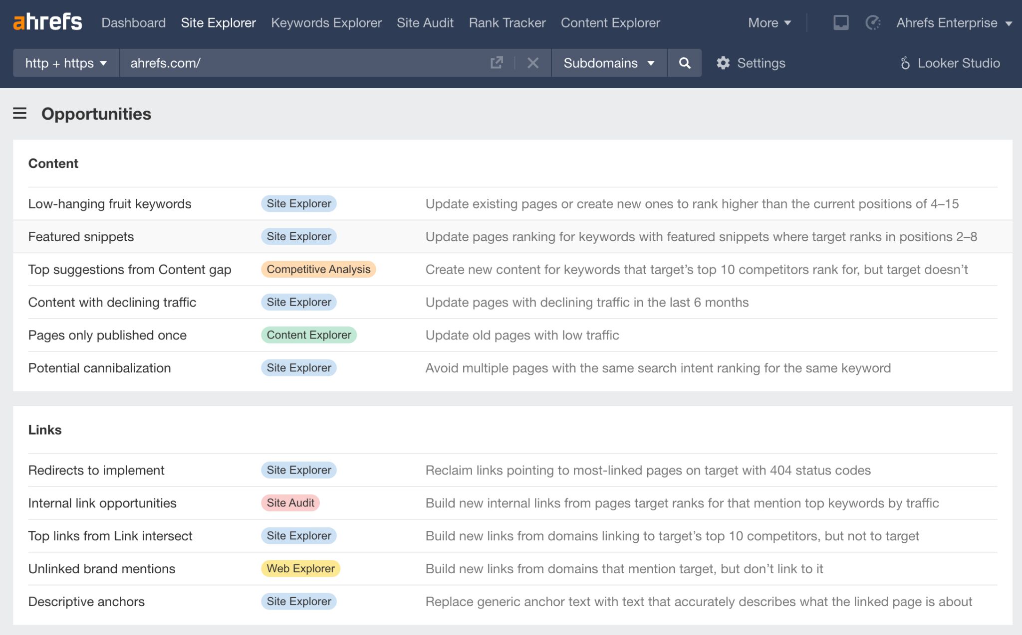 SEO Automation Tools: My 10 Favorites to Boost Productivity | The Opportunities report in Site Explorer. Perfect for finding low-hanging fruit opportunities!