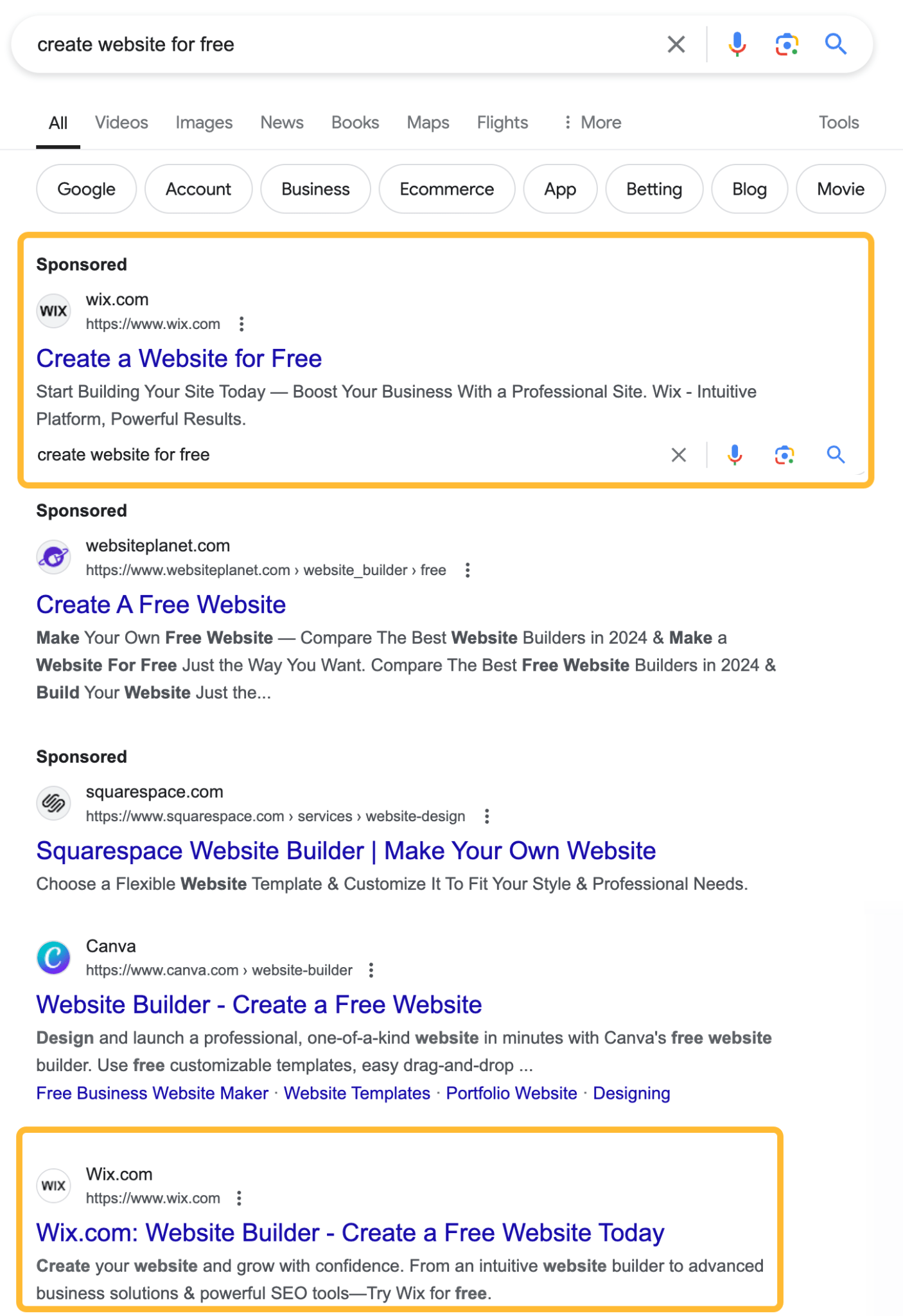 4 Ways PPC and SEO Can Work Together (And When They Can’t) | Wix ranks for the keyword “create website for free” in both paid and organic SERPs