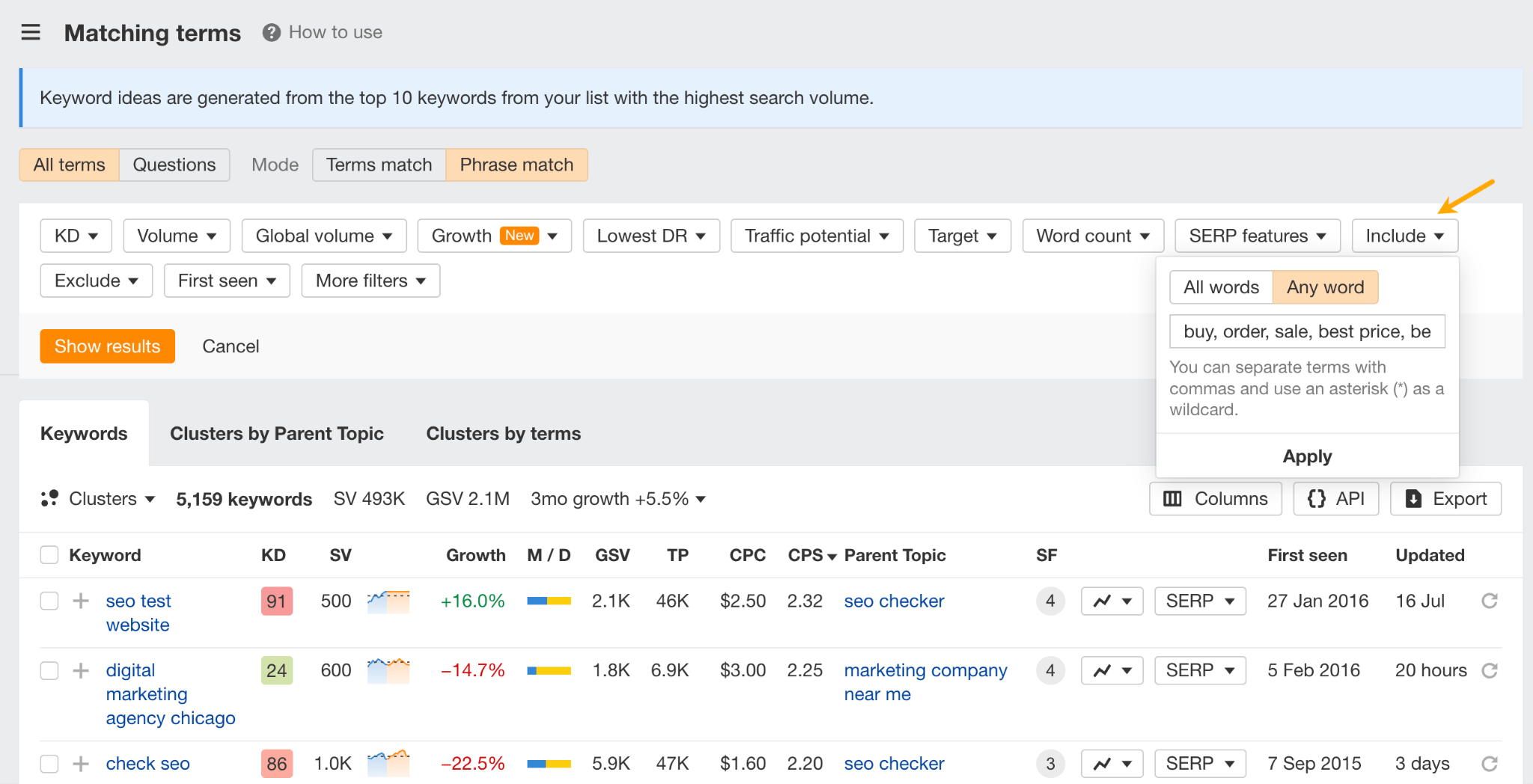Buyer Intent Keywords Convert Better. Here’s How to Find Them | Matching terms report