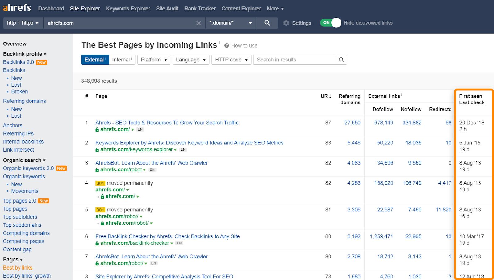 Crawl Me Maybe? How Website Crawlers Work | Ahrefs Best by Links report highlighting first seen last check column