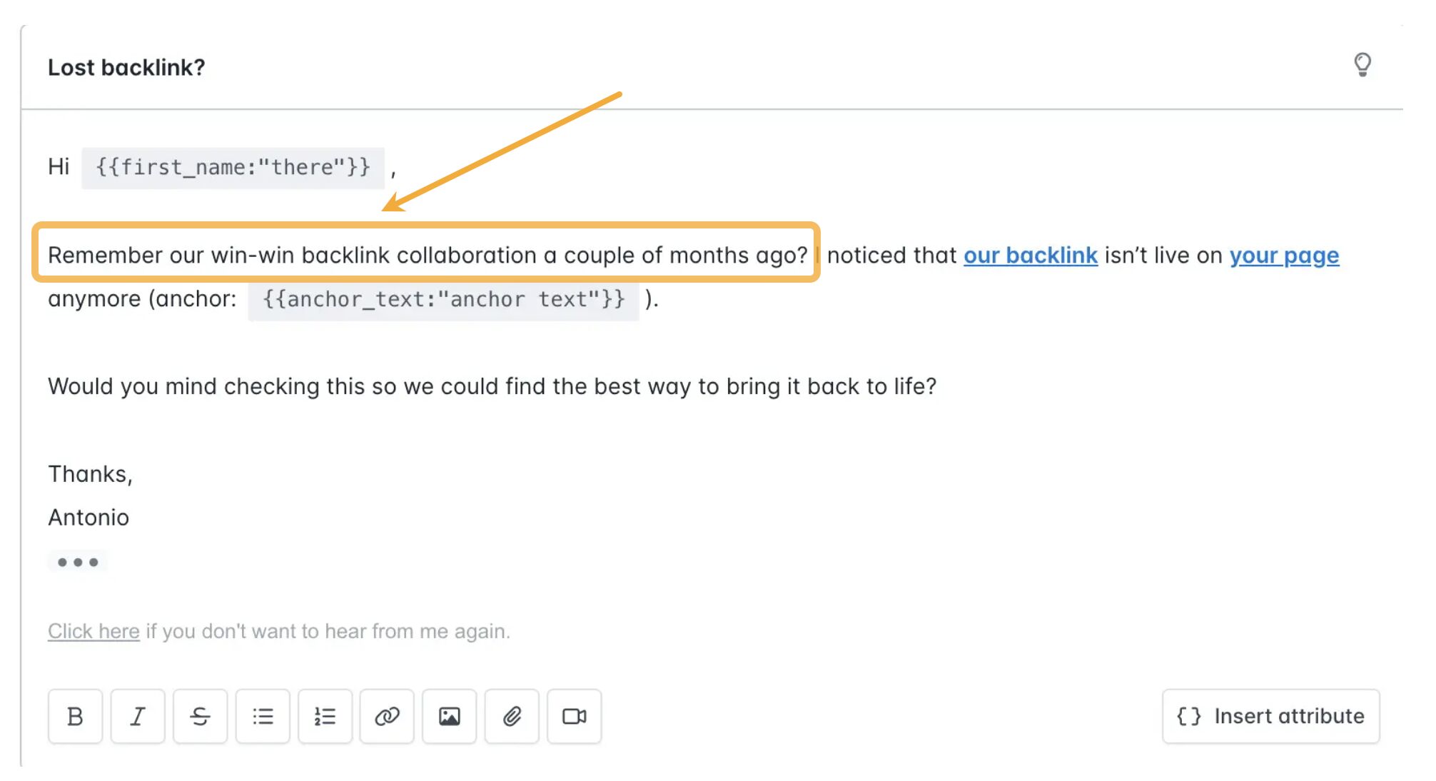 Link Reclamation: How to Easily Find (and Reclaim) Lost Backlinks | Example link reclamation outreach email