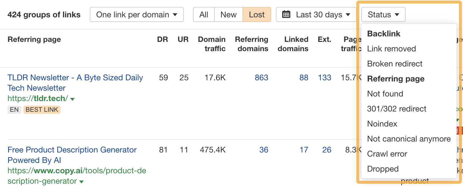 Link Reclamation: How to Easily Find (and Reclaim) Lost Backlinks | Filters for link loss reasons
