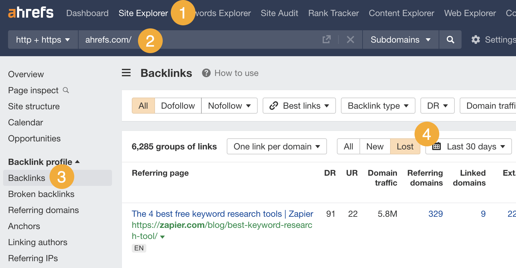Link Reclamation: How to Easily Find (and Reclaim) Lost Backlinks | Finding lost backlinks in Ahrefs' Site Explorer