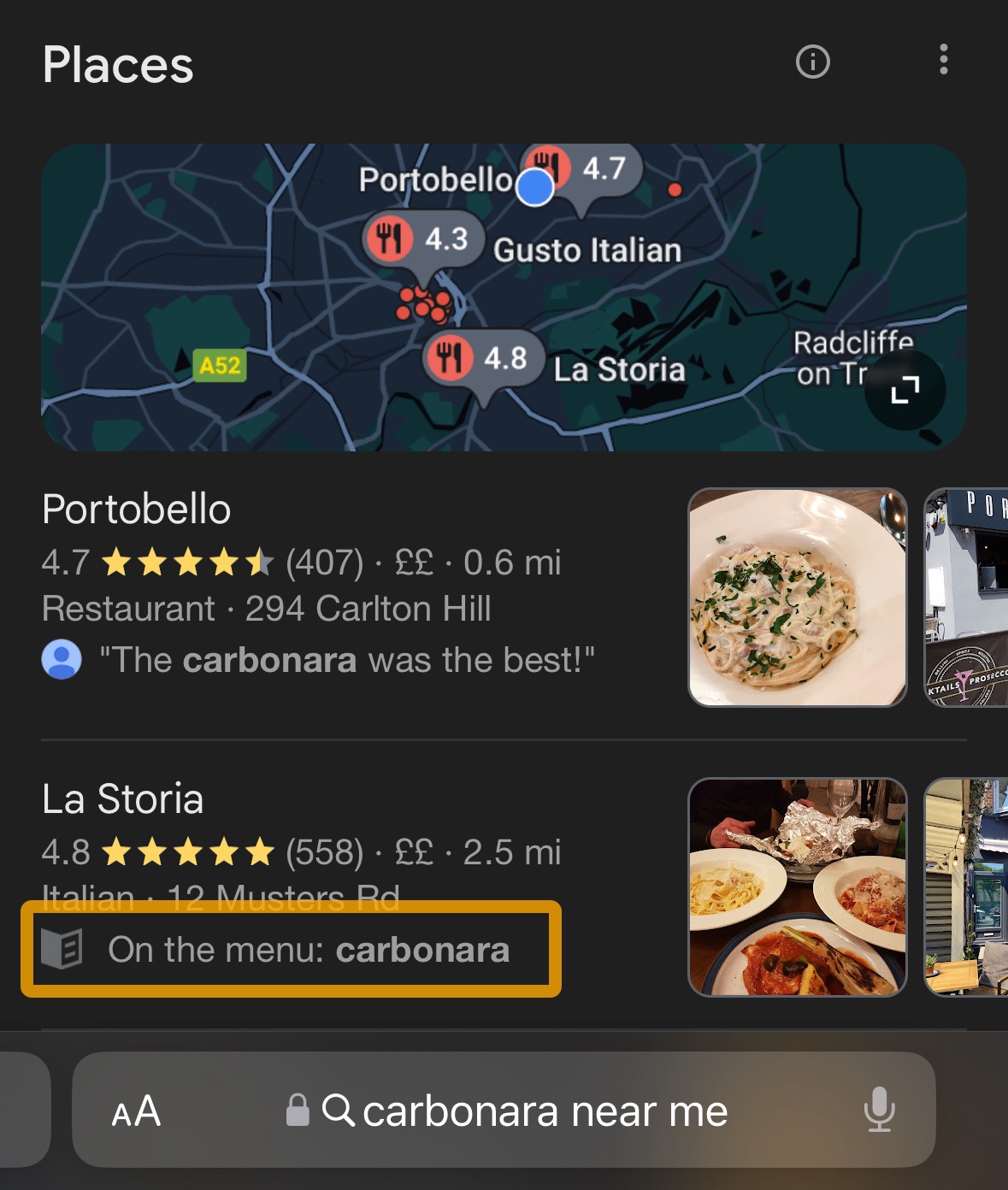 5 Restaurant SEO Tips Backed by Diners & Data | Google returns this restaurant in the search results because it has the dish I searched for on the menu