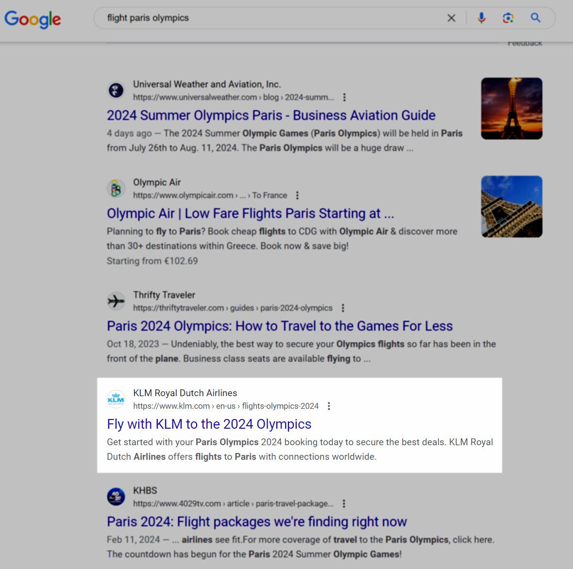Travel SEO: 8 Strategies From Actual Travel Publishers and SEOs | Only KLM ranked for "flight paris olympics"