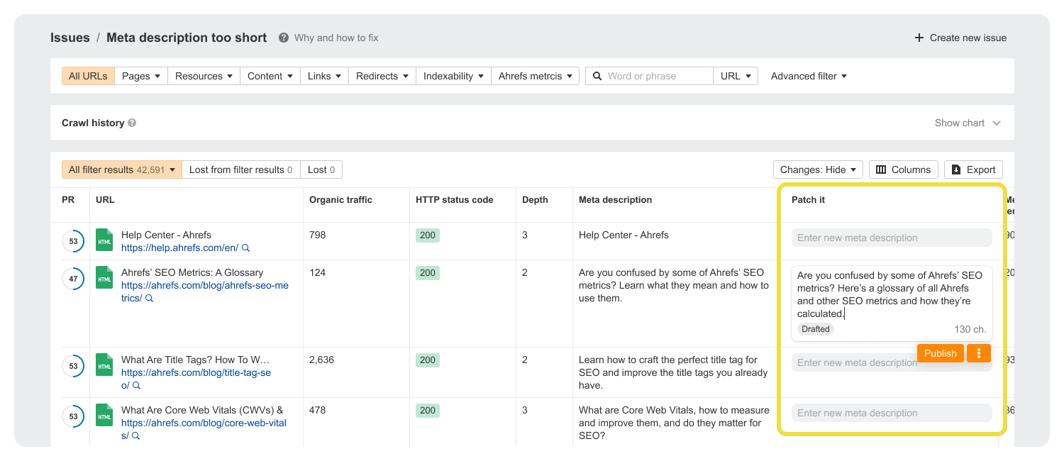 Crawl Me Maybe? How Website Crawlers Work | Screenshot of Ahrefs Patches tool calling out the Patch It feature