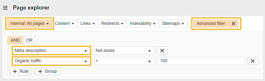 Crawl Me Maybe? How Website Crawlers Work | Screenshot of how to find pages with missing meta descriptions, over 100 organic traffic, in Ahrefs Page Explorer