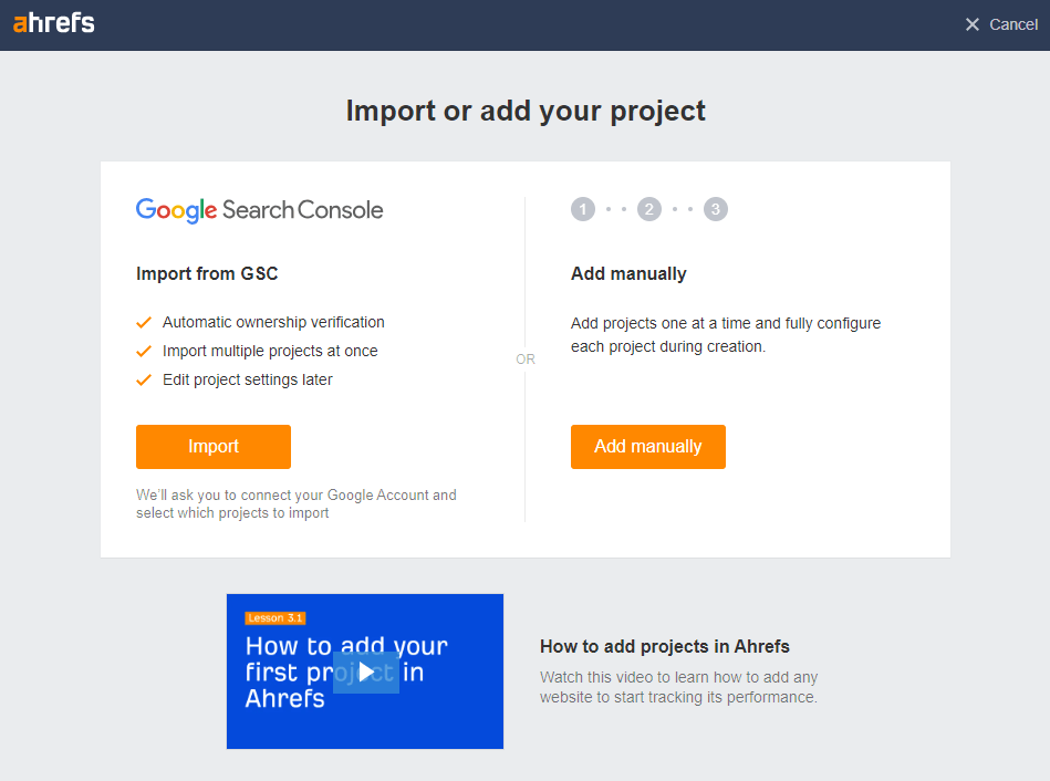Crawl Me Maybe? How Website Crawlers Work | Screenshot of import/add project page in Ahrefs Site Audit