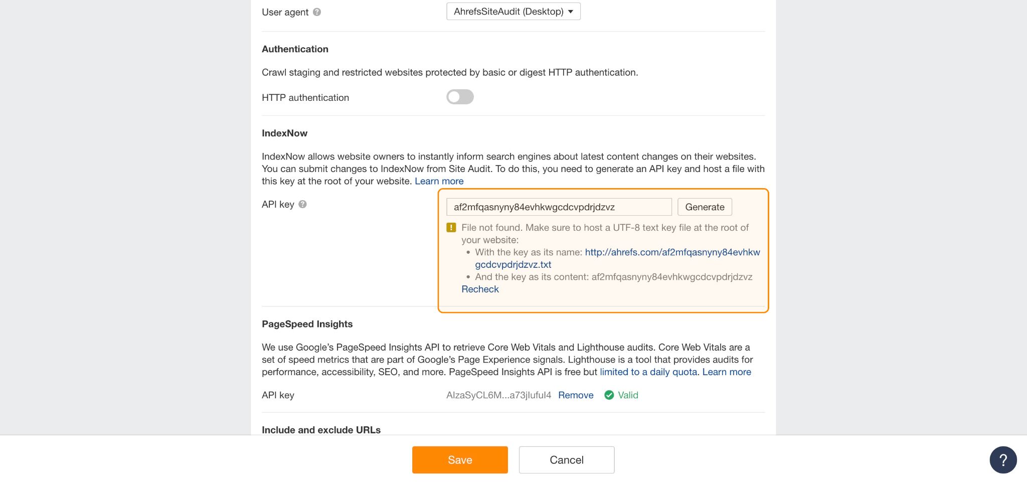 Crawl Me Maybe? How Website Crawlers Work | screenshot of IndexNow API key in Ahrefs Site Audit