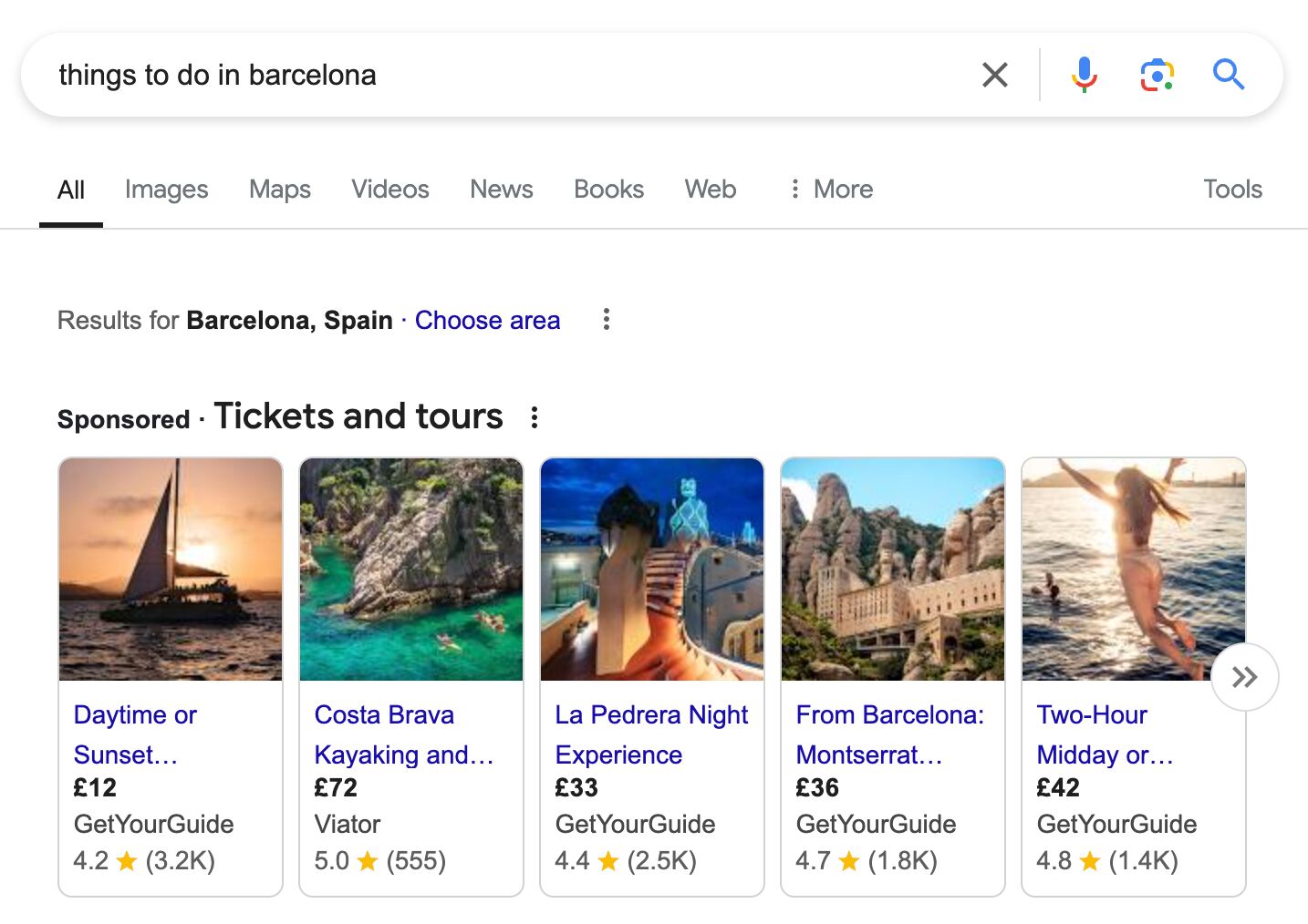 Travel SEO: 8 Strategies From Actual Travel Publishers and SEOs | Sponsored ads for "things to do in Barcelona"