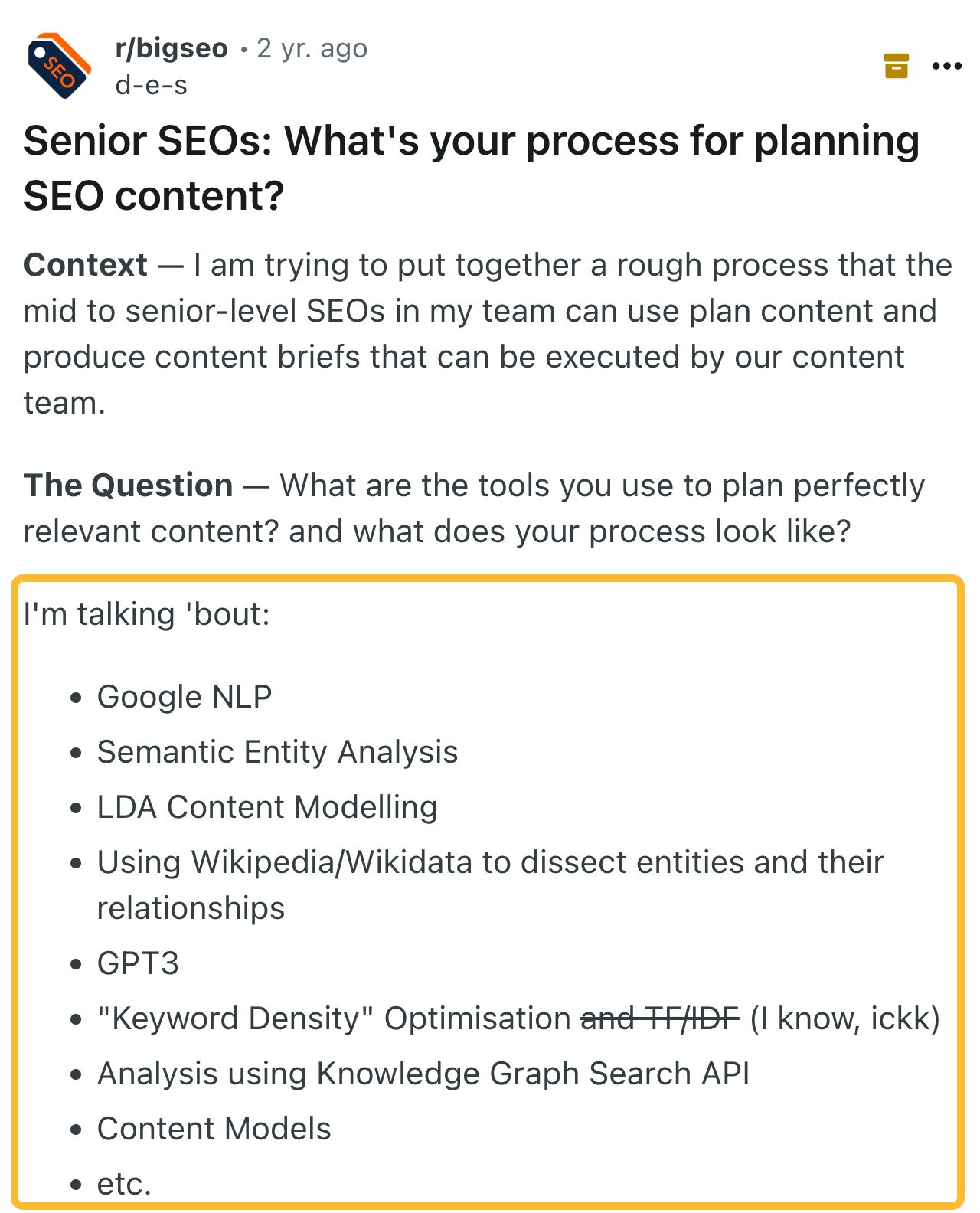 Stop Overcomplicating Things. Entity SEO is Just SEO | A question on Reddit