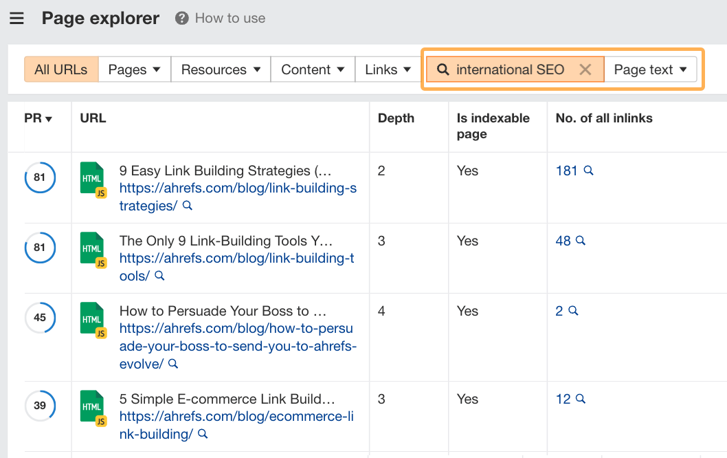 Advanced SEO: My Top 8 Tactics Shared By 107 SEOs | Example of using Ahrefs' Page Explorer to uncover pages that mention specific topics.