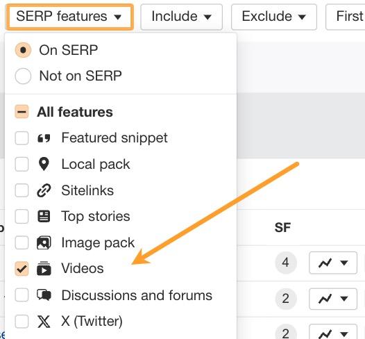 SERP feature filter in Ahrefs with "Videos" selected.