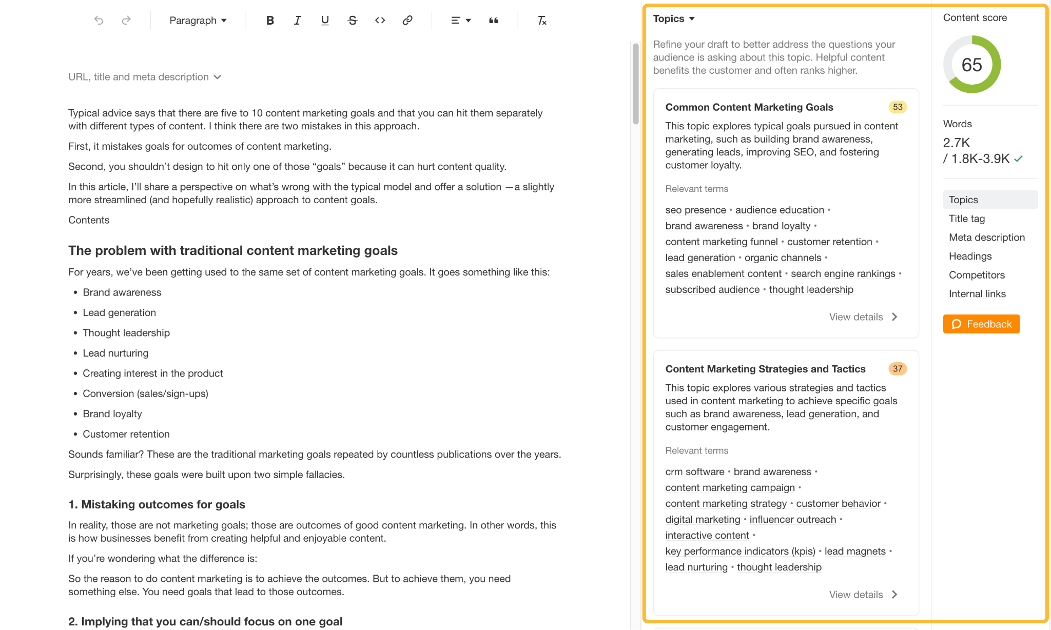 3 Best AI SEO Tools to Work Smarter, Not Harder | Ahrefs suggests topic coverage depth instead of keyword hit count.