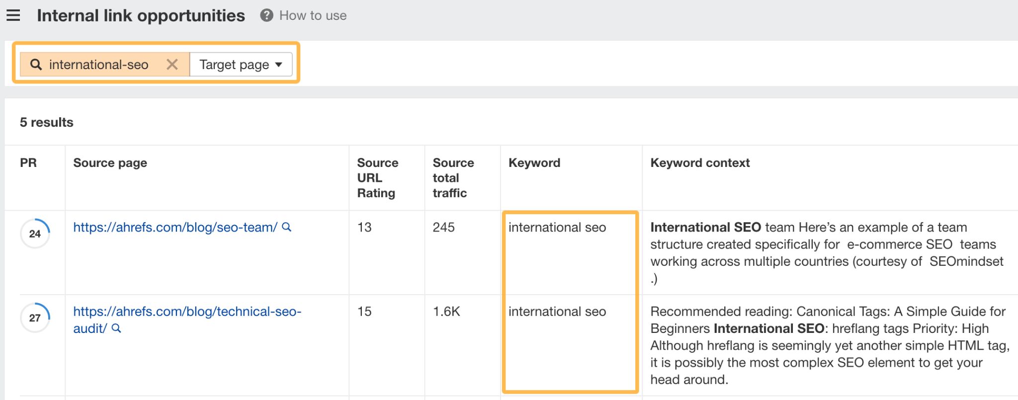 12 Low-Hanging Fruit SEO Tactics You Can Implement Today | Applying filters to find internal link opportunities for specific pages.