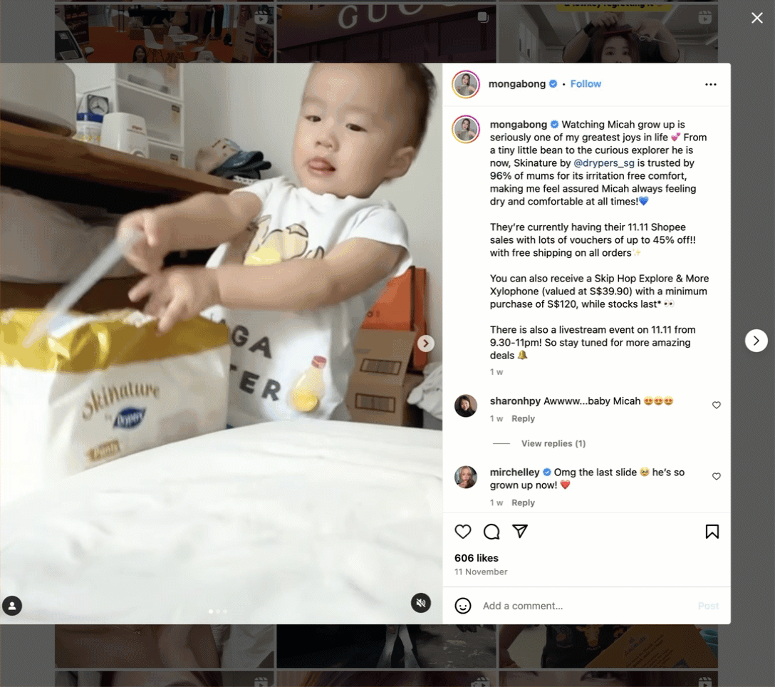 9 Holiday Marketing Strategies for a Profitable Season This 2024 | Drypers, a baby diapers brand, collaborated with Singaporean influencer Mongabong (IG: 312K followers) to promote their Singles’ Day sale