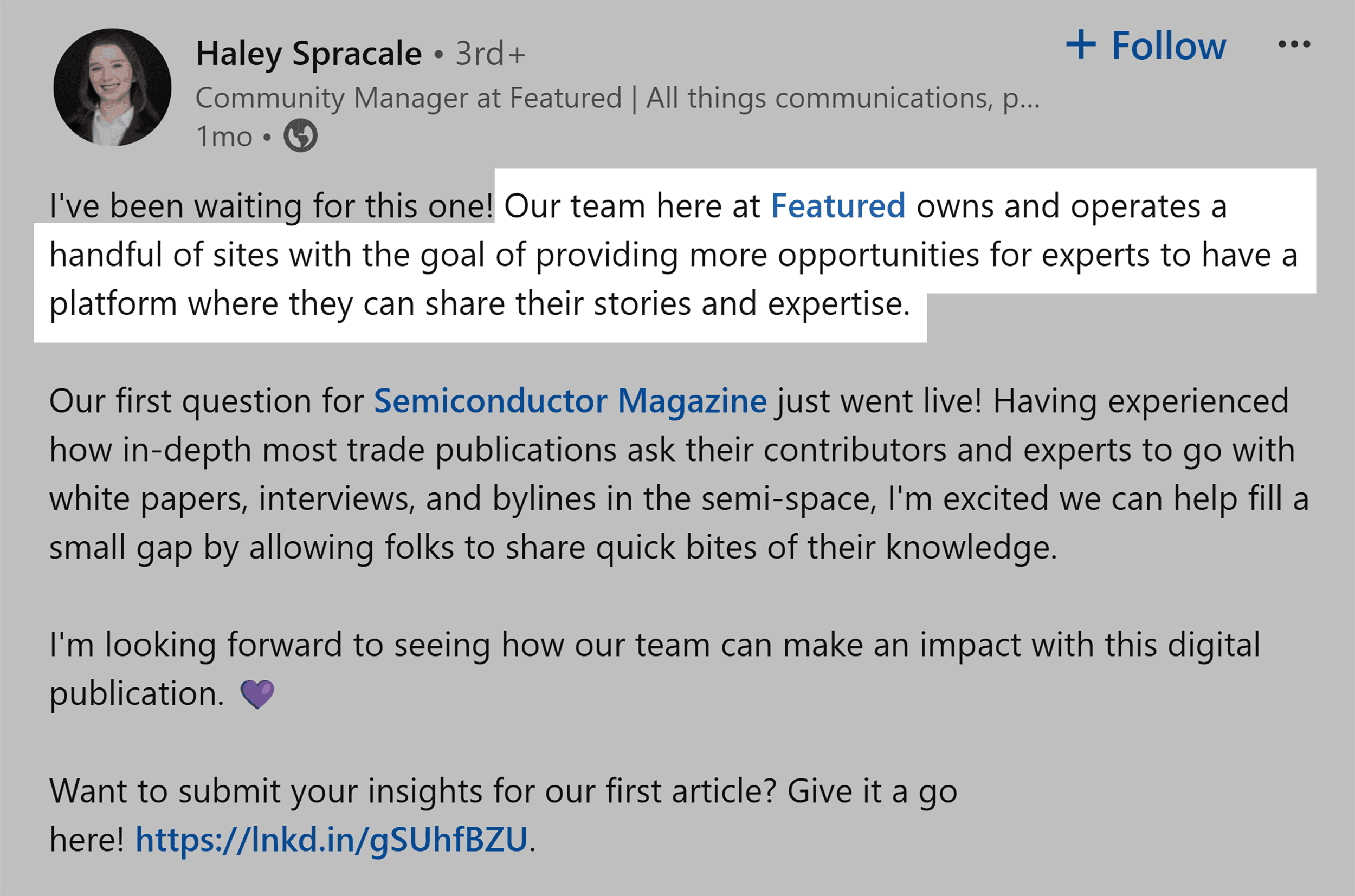 LinkedIn post – Haley Spracale – Fatured LinkedIn post – Haley Spracale – Fatured