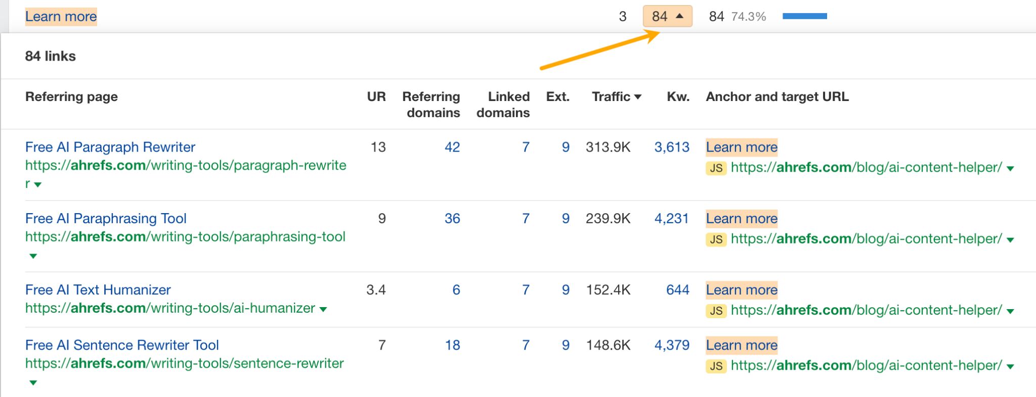 12 Low-Hanging Fruit SEO Tactics You Can Implement Today | Looking at all links with the same generic anchor text in Ahrefs.