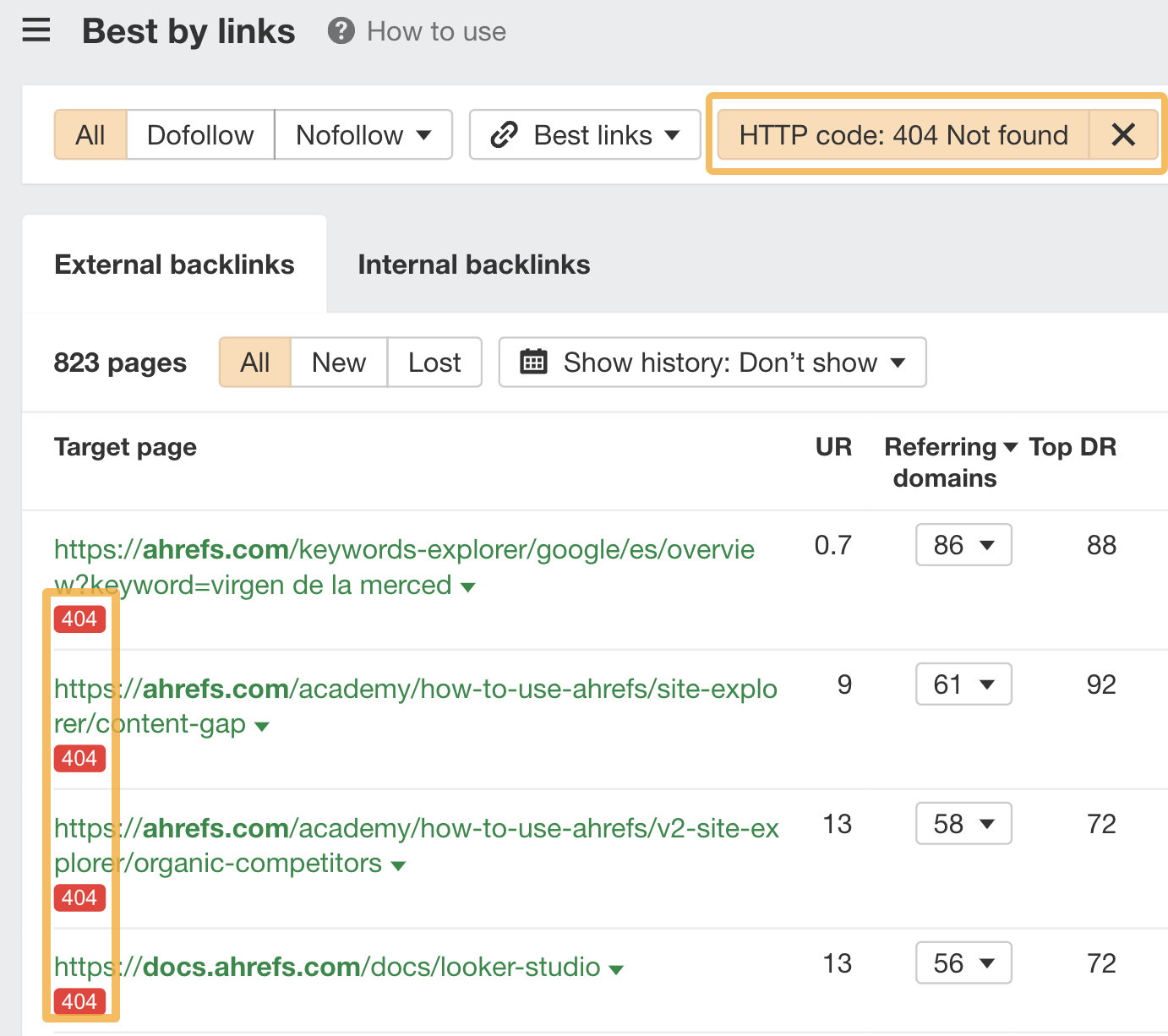 12 Low-Hanging Fruit SEO Tactics You Can Implement Today | Using Ahrefs' Best by Links report to find high-value links going to broken pages.